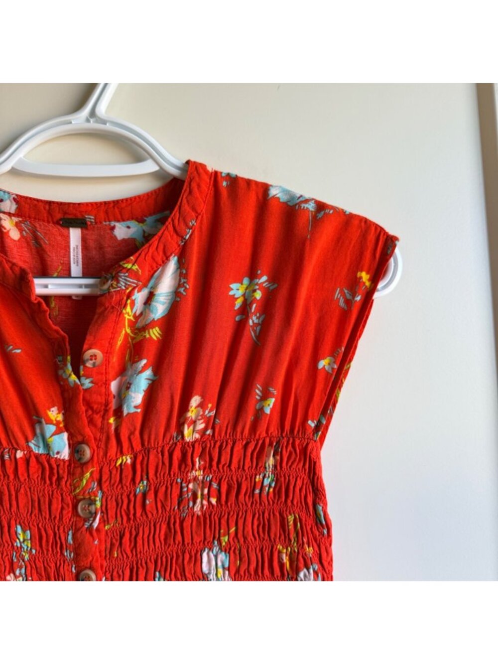 Free People Womens Red Orange Floral Button Front Smocked Waist Rayon Dress XS - Picture 3 of 8